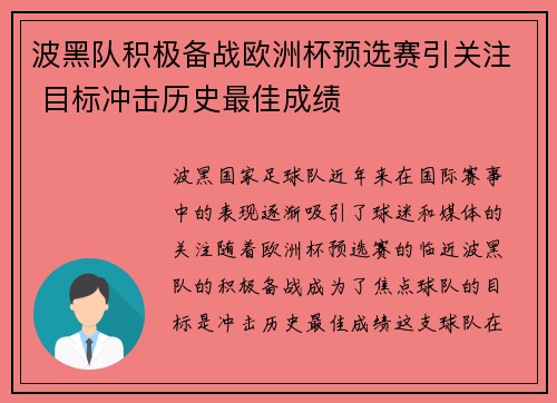 波黑队积极备战欧洲杯预选赛引关注 目标冲击历史最佳成绩