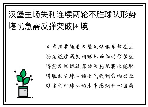 汉堡主场失利连续两轮不胜球队形势堪忧急需反弹突破困境