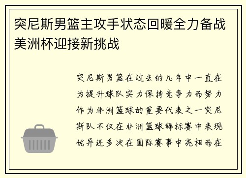 突尼斯男篮主攻手状态回暖全力备战美洲杯迎接新挑战