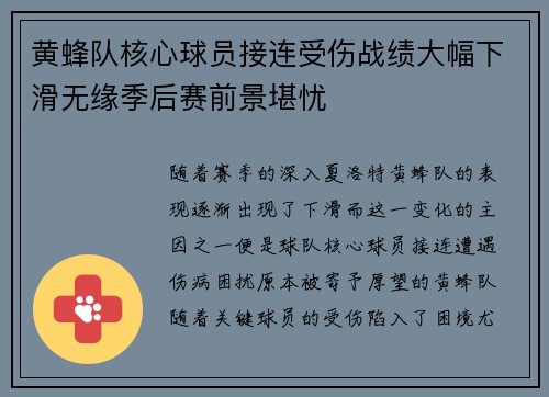 黄蜂队核心球员接连受伤战绩大幅下滑无缘季后赛前景堪忧