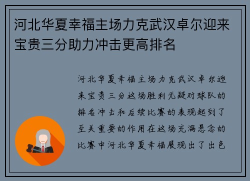 河北华夏幸福主场力克武汉卓尔迎来宝贵三分助力冲击更高排名